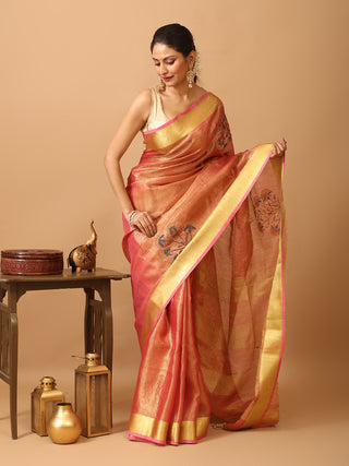 Sunset Pink Tissue Silk Saree with Hand Aari Embroidery & Matte Gold Border
