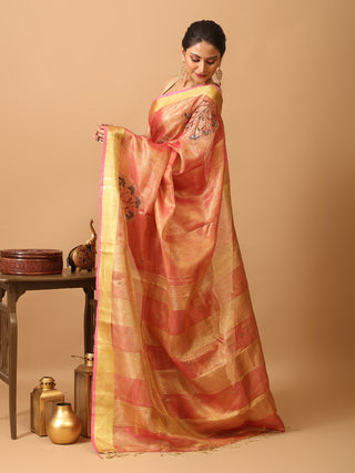 Sunset Pink Tissue Silk Saree with Hand Aari Embroidery & Matte Gold Border