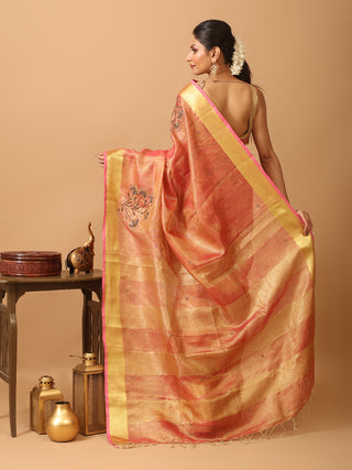 Sunset Pink Tissue Silk Saree with Hand Aari Embroidery & Matte Gold Border