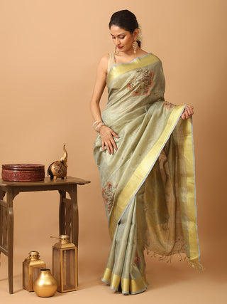 Bluish Grey Tissue Silk Saree with Hand Aari Embroidery & Matte Gold Border