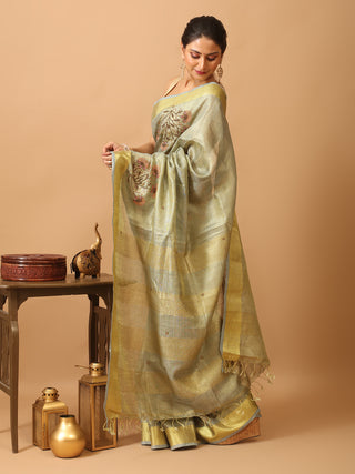 Bluish Grey Tissue Silk Saree with Hand Aari Embroidery & Matte Gold Border