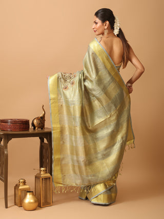 Bluish Grey Tissue Silk Saree with Hand Aari Embroidery & Matte Gold Border