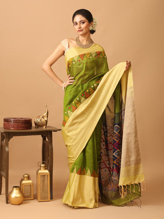 Olive Green Cotton Silk Saree from Fulia with Handwoven Temples & Kantha Embroidery