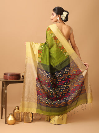 Olive Green Cotton Silk Saree from Fulia with Handwoven Temples & Kantha Embroidery