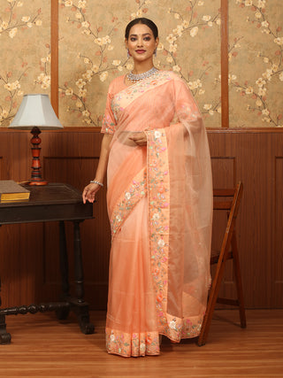 Peach Organza Silk Saree with Exquisite Hand Aari Embroidery & Designer Blouse