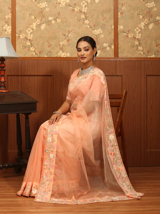 Peach Organza Silk Saree with Exquisite Hand Aari Embroidery & Designer Blouse