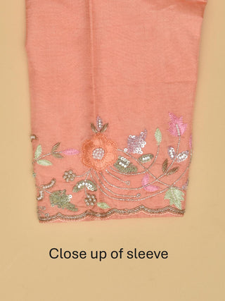 Peach Organza Silk Saree with Exquisite Hand Aari Embroidery & Designer Blouse
