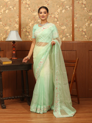 Mint Green Organza Silk Saree with Exquisite Hand Aari Embroidery & Designer Blouse