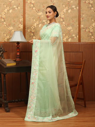 Mint Green Organza Silk Saree with Exquisite Hand Aari Embroidery & Designer Blouse