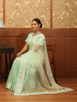 Mint Green Organza Silk Saree with Exquisite Hand Aari Embroidery & Designer Blouse