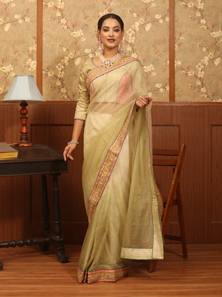 Golden Beige Organza Silk Saree with Exquisite Hand Aari Embroidery & Designer Blouse