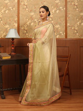 Golden Beige Organza Silk Saree with Exquisite Hand Aari Embroidery & Designer Blouse