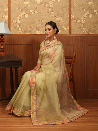 Golden Beige Organza Silk Saree with Exquisite Hand Aari Embroidery & Designer Blouse