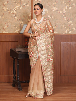 Light Brown Organza Silk Saree with Exquisite Hand Embroidery