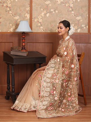 Light Brown Organza Silk Saree with Exquisite Hand Embroidery