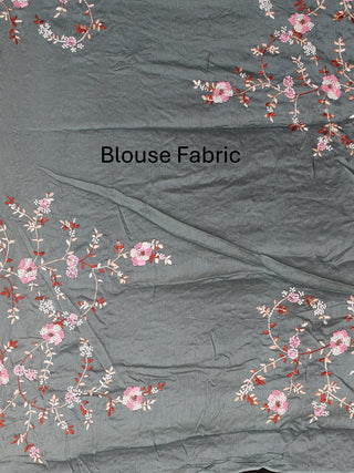Grey Organza Silk Saree with Hand Embroidery & Pearl Border