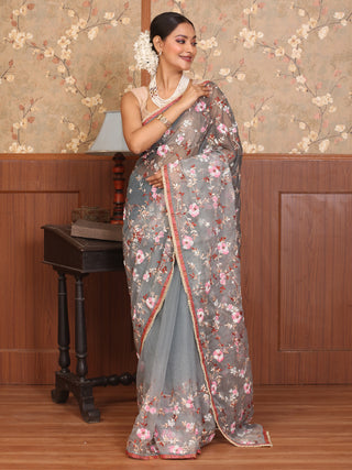 Grey Organza Silk Saree with Hand Embroidery & Pearl Border