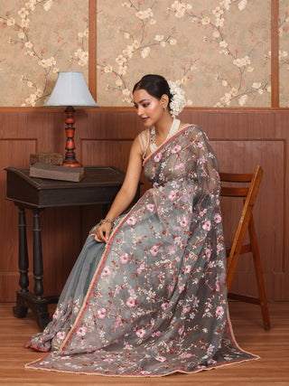 Grey Organza Silk Saree with Hand Embroidery & Pearl Border