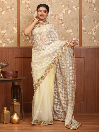 Pale Yellow Organza Silk Saree with Exquisite Parsi Work Border & Chikankari Embroidery