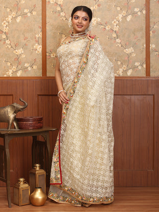 Pale Yellow Organza Silk Saree with Exquisite Parsi Work Border & Chikankari Embroidery