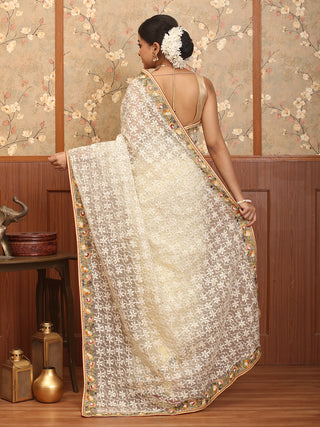 Pale Yellow Organza Silk Saree with Exquisite Parsi Work Border & Chikankari Embroidery