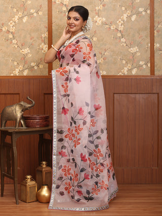 Pastel Pink Hand-Painted Organza Silk Saree with Hand Aari Highlights