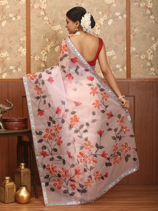 Pastel Pink Hand-Painted Organza Silk Saree with Hand Aari Highlights