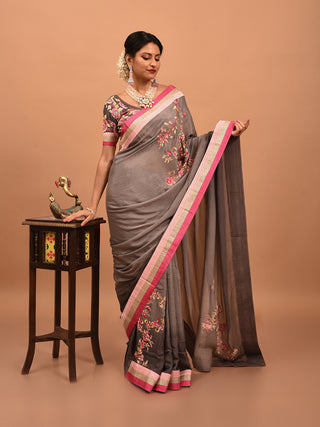 Grey Chinnon Silk Saree with Aari & Zardozi Embroidery
