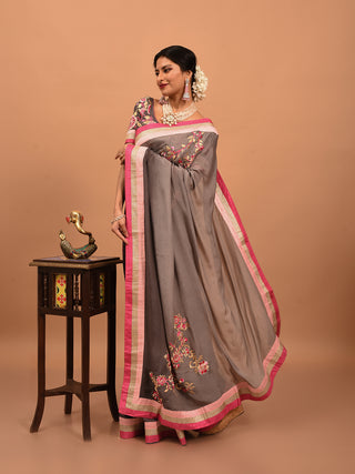 Grey Chinnon Silk Saree with Aari & Zardozi Embroidery