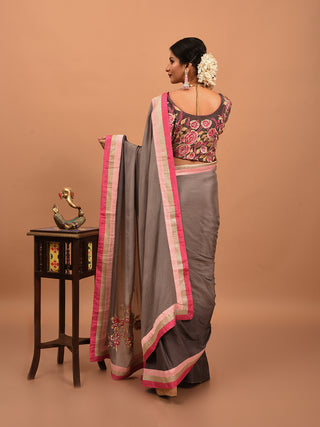 Grey Chinnon Silk Saree with Aari & Zardozi Embroidery