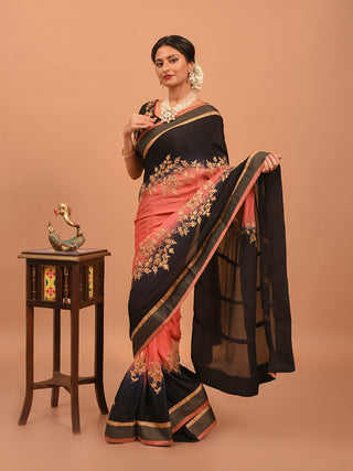 Black & Coral Ombre Chinnon Silk Saree with Aari & Zardozi Embroidery
