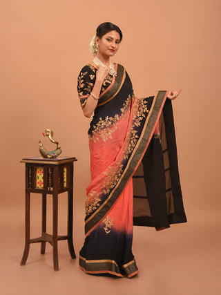 Black & Coral Ombre Chinnon Silk Saree with Aari & Zardozi Embroidery