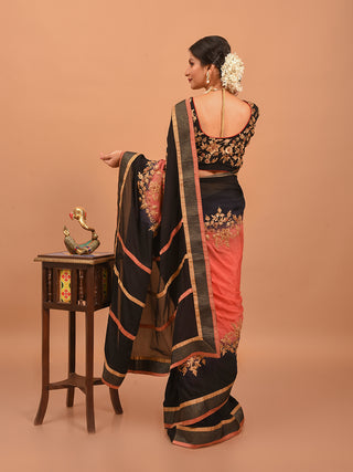 Black & Coral Ombre Chinnon Silk Saree with Aari & Zardozi Embroidery