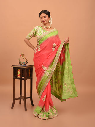 Green & Coral Red Chinnon Silk Saree with Intricate Embroidery