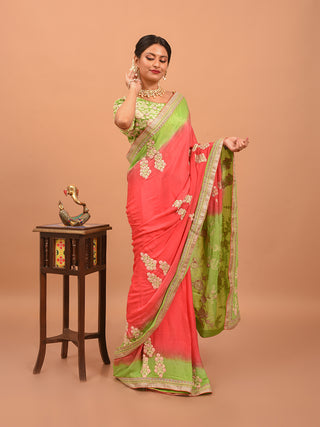 Green & Coral Red Chinnon Silk Saree with Intricate Embroidery