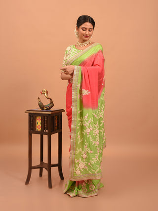 Green & Coral Red Chinnon Silk Saree with Intricate Embroidery