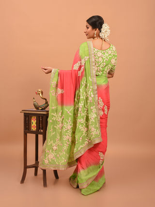 Green & Coral Red Chinnon Silk Saree with Intricate Embroidery