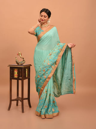 Aqua Blue Chinnon Silk Saree with Intricate Embroidery & Antique Gold Border