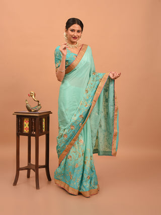 Aqua Blue Chinnon Silk Saree with Intricate Embroidery & Antique Gold Border