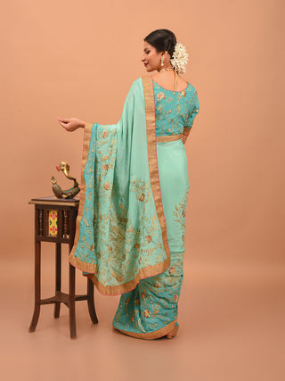 Aqua Blue Chinnon Silk Saree with Intricate Embroidery & Antique Gold Border