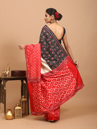 Cream-Black-Red Pochampally Handwoven Silk Saree with Kantha Embroidery