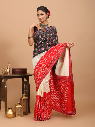 Cream-Black-Red Pochampally Handwoven Silk Saree with Kantha Embroidery