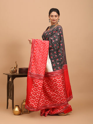 Cream-Black-Red Pochampally Handwoven Silk Saree with Kantha Embroidery
