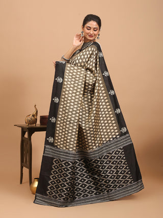 Black Pochampally Handwoven Silk Saree with Kantha Embroidery on Borders