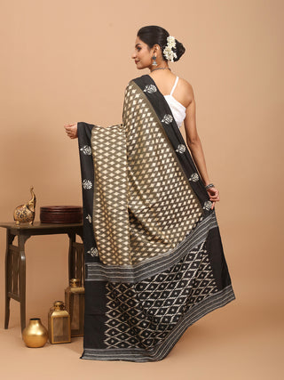 Black Pochampally Handwoven Silk Saree with Kantha Embroidery on Borders