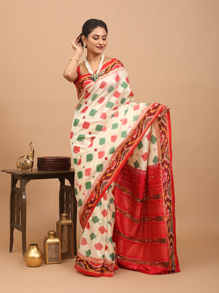 Multicolour Pochampally Handwoven Silk Saree with Gujarati Embroidery & Mirror Work