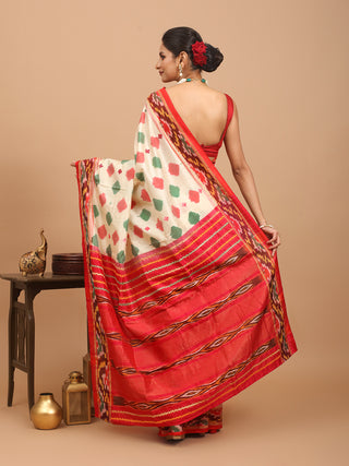 Multicolour Pochampally Handwoven Silk Saree with Gujarati Embroidery & Mirror Work
