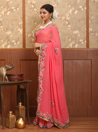 Coral Pink Colour Pure Georgette Saree with Parsi-Inspired Hand Embroidery