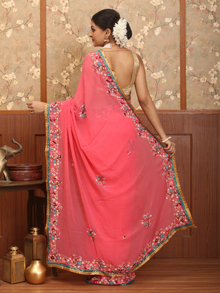 Coral Pink Colour Pure Georgette Saree with Parsi-Inspired Hand Embroidery