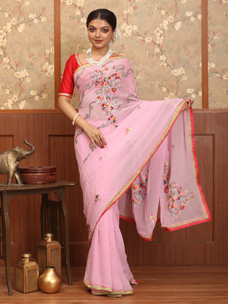 Baby Pink Pure Georgette Saree with Parsi-Inspired Hand Embroidery